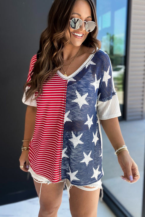 Stripes Stars Print Knit Short Sleeves Top